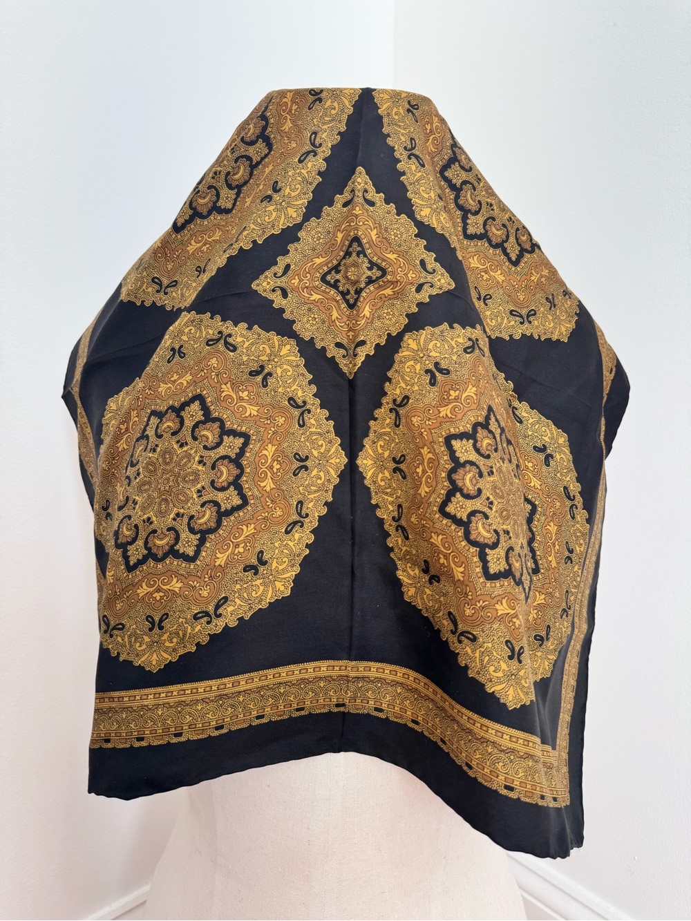 Vintage Black & Gold Medallion Small Square Scarf Damon Handrolled 18.5”